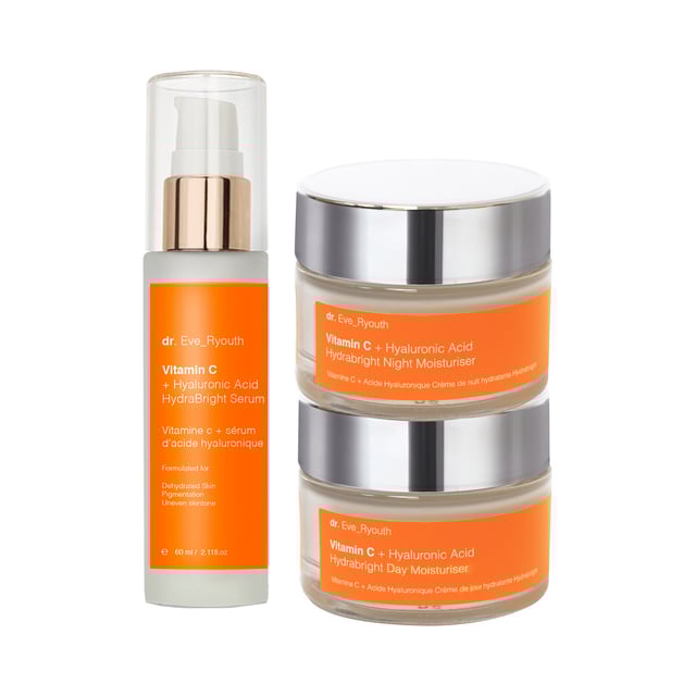 "Vitamin C + Hyaluronic Acid Hydrabright Serum 60ml 
 
 Silky-gel brightening serum formula
 - Instantly hydrates and nourishes with Hyaluronic acid
 - Supercharged with Vitamin C that aims to even skin pigmentation
 - Enriched with Glycerin, Panthenol, Squalane, Shea Butter, Hyaluronic Acid and Vitamin E.
 
 
 
 Vitamin C + Hyaluronic Acid Hydrabright Night Moisturiser 50ml
 
 
 Formulated for:
 Uneven skin tone
 Sun & age spots
 Dehydrated skin
 
 Hydrabright day moisturiser contains one of the best forms of vitamin C - L-ascorbic acid, this combined with hydration boosting hyaluronic acid aims to brighten uneven skin tone and re-plump tired, dehydrated looking skin.
 
 Facts:
 + 1 super brightening ingredient
 +1 super hydration boosting ingredients
 + More than 10 active ingredients in total
 + Contains ingredients that are used widely in sunscreens
 
 Key Ingredients
 
 Vitamin C / Ascorbic acidÂ 
 Vitamin C / Ascorbic acid is one of the most researched form of Vitamin C. It is a potent antioxidant that works improve the appearance of signs of aging such as pigmentation.
 
 Hyaluronic Acid
 Hyaluronic Acid is naturally found in our skin, as we age our body's natural production of hyaluronic acid slows down. Hyaluronic acid is a key element making the skin looking plump and youthful as it hold moisture 1000 times its own weight. Our hyaluronic acid is called Sodium Hyaluronate and it is smaller size of hyaluronic acid that is able to penetrate and hydrate more deeper levels of the skin than normal hyaluronic acid.
 
 Directions for use: Apply pea-sized amount of the cream on cleansed face, neckline and neck in the morning.
"The Vitamin C + Hyaluronic Acid Hydrabright Day Moisturiser, Night Moisturiser, and Hydrabright Serum form a potent skincare regimen aimed at brightening the skin and providing intense hydration.

To use, start with the Vitamin C + Hyaluronic Acid Hydrabright Serum. Apply a few drops to clean skin in the morning and evening, gently massaging it into the face and neck until fully absorbed. This serum will prepare your skin for the next steps in your routine.

In the morning, follow with the Vitamin C + Hyaluronic Acid Hydrabright Day Moisturiser. Apply a small amount to clean skin, massaging it into the face and neck to lock in hydration and enhance your skin's radiance throughout the day.

In the evening, switch to the Vitamin C + Hyaluronic Acid Hydrabright Night Moisturiser. Apply it to clean, dry skin, gently massaging into the face and neck to nourish and repair your skin overnight. This combination will help promote a bright, youthful complexion.