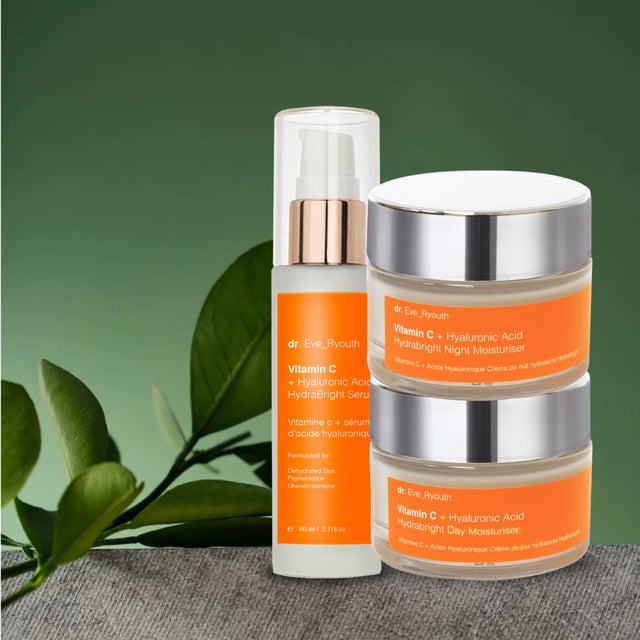 "Vitamin C + Hyaluronic Acid Hydrabright Serum 60ml 
 
 Silky-gel brightening serum formula
 - Instantly hydrates and nourishes with Hyaluronic acid
 - Supercharged with Vitamin C that aims to even skin pigmentation
 - Enriched with Glycerin, Panthenol, Squalane, Shea Butter, Hyaluronic Acid and Vitamin E.
 
 
 
 Vitamin C + Hyaluronic Acid Hydrabright Night Moisturiser 50ml
 
 
 Formulated for:
 Uneven skin tone
 Sun & age spots
 Dehydrated skin
 
 Hydrabright day moisturiser contains one of the best forms of vitamin C - L-ascorbic acid, this combined with hydration boosting hyaluronic acid aims to brighten uneven skin tone and re-plump tired, dehydrated looking skin.
 
 Facts:
 + 1 super brightening ingredient
 +1 super hydration boosting ingredients
 + More than 10 active ingredients in total
 + Contains ingredients that are used widely in sunscreens
 
 Key Ingredients
 
 Vitamin C / Ascorbic acidÂ 
 Vitamin C / Ascorbic acid is one of the most researched form of Vitamin C. It is a potent antioxidant that works improve the appearance of signs of aging such as pigmentation.
 
 Hyaluronic Acid
 Hyaluronic Acid is naturally found in our skin, as we age our body's natural production of hyaluronic acid slows down. Hyaluronic acid is a key element making the skin looking plump and youthful as it hold moisture 1000 times its own weight. Our hyaluronic acid is called Sodium Hyaluronate and it is smaller size of hyaluronic acid that is able to penetrate and hydrate more deeper levels of the skin than normal hyaluronic acid.
 
 Directions for use: Apply pea-sized amount of the cream on cleansed face, neckline and neck in the morning.
"The Vitamin C + Hyaluronic Acid Hydrabright Day Moisturiser, Night Moisturiser, and Hydrabright Serum form a potent skincare regimen aimed at brightening the skin and providing intense hydration.

To use, start with the Vitamin C + Hyaluronic Acid Hydrabright Serum. Apply a few drops to clean skin in the morning and evening, gently massaging it into the face and neck until fully absorbed. This serum will prepare your skin for the next steps in your routine.

In the morning, follow with the Vitamin C + Hyaluronic Acid Hydrabright Day Moisturiser. Apply a small amount to clean skin, massaging it into the face and neck to lock in hydration and enhance your skin's radiance throughout the day.

In the evening, switch to the Vitamin C + Hyaluronic Acid Hydrabright Night Moisturiser. Apply it to clean, dry skin, gently massaging into the face and neck to nourish and repair your skin overnight. This combination will help promote a bright, youthful complexion.