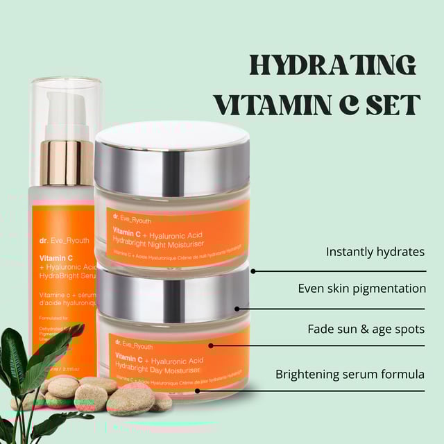 "Vitamin C + Hyaluronic Acid Hydrabright Serum 60ml 
 
 Silky-gel brightening serum formula
 - Instantly hydrates and nourishes with Hyaluronic acid
 - Supercharged with Vitamin C that aims to even skin pigmentation
 - Enriched with Glycerin, Panthenol, Squalane, Shea Butter, Hyaluronic Acid and Vitamin E.
 
 
 
 Vitamin C + Hyaluronic Acid Hydrabright Night Moisturiser 50ml
 
 
 Formulated for:
 Uneven skin tone
 Sun & age spots
 Dehydrated skin
 
 Hydrabright day moisturiser contains one of the best forms of vitamin C - L-ascorbic acid, this combined with hydration boosting hyaluronic acid aims to brighten uneven skin tone and re-plump tired, dehydrated looking skin.
 
 Facts:
 + 1 super brightening ingredient
 +1 super hydration boosting ingredients
 + More than 10 active ingredients in total
 + Contains ingredients that are used widely in sunscreens
 
 Key Ingredients
 
 Vitamin C / Ascorbic acidÂ 
 Vitamin C / Ascorbic acid is one of the most researched form of Vitamin C. It is a potent antioxidant that works improve the appearance of signs of aging such as pigmentation.
 
 Hyaluronic Acid
 Hyaluronic Acid is naturally found in our skin, as we age our body's natural production of hyaluronic acid slows down. Hyaluronic acid is a key element making the skin looking plump and youthful as it hold moisture 1000 times its own weight. Our hyaluronic acid is called Sodium Hyaluronate and it is smaller size of hyaluronic acid that is able to penetrate and hydrate more deeper levels of the skin than normal hyaluronic acid.
 
 Directions for use: Apply pea-sized amount of the cream on cleansed face, neckline and neck in the morning.
"The Vitamin C + Hyaluronic Acid Hydrabright Day Moisturiser, Night Moisturiser, and Hydrabright Serum form a potent skincare regimen aimed at brightening the skin and providing intense hydration.

To use, start with the Vitamin C + Hyaluronic Acid Hydrabright Serum. Apply a few drops to clean skin in the morning and evening, gently massaging it into the face and neck until fully absorbed. This serum will prepare your skin for the next steps in your routine.

In the morning, follow with the Vitamin C + Hyaluronic Acid Hydrabright Day Moisturiser. Apply a small amount to clean skin, massaging it into the face and neck to lock in hydration and enhance your skin's radiance throughout the day.

In the evening, switch to the Vitamin C + Hyaluronic Acid Hydrabright Night Moisturiser. Apply it to clean, dry skin, gently massaging into the face and neck to nourish and repair your skin overnight. This combination will help promote a bright, youthful complexion.