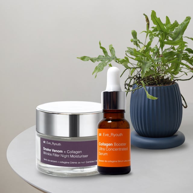 Snake Venom + Collagen Wrinkle Filler Night Moisturiser 50ml & Collagen Booster Ultra Concentrated Serum 15ml "Snake Venom + Collagen Wrinkle Filler Night Moisturiser 50ml
Formulated for:
Wrinkles and fine lines
Loss of plumpness
Dehydrated skin
Wrinkle Filler Night Moisturiser is specially formulated for skin with fine lines and wrinkles and that has lost it youthful plumpness. It contains a synthetic snake venom peptide that helps to reduce deep wrinkles and fine lines, this combined with collagen and shea butter it aims to give the skin a smoother look while you rest.
Facts:
+1 super wrinkle ingredient
+1 super moisturising ingredient
+2 super hydration boosting ingredients
+ More than 10 active ingredients in total
Key Ingredients
Snake Venom Peptide
Snake Venom Peptide is a synthetic peptide that replicates the effects of Waglerin 1, component that is found in the poisonous Temple Viper snake. It works by reducing muscular contractions in the face and reduces cell movement; thereby keeping the skin smooth and aiming to reduce wrinkles and fine lines.
Collagen
Collagen is naturally found in our skin and as we age the production of collagen slows down. As an skincare ingredient collagen aims to boost plumpness and the look of the skin by bringing moisture and hydration to the skin.
USAGE: Apply pea-sized amount of the cream on cleansed face, neckline and neck in the evening.Â
Ingredients: Aqua, Glycerin, Butyrospermum Parkii (Shea) Butter, Urea, Argania Spinosa Kernel Oil, Propylene Glycol, Cetearyl Alcohol, Glyceryl Stearate, Caprylic/Capric Triglyceride, Glyceryl Stearate Citrate, Cera Alba, Camellia Japonica Seed Oil, Dimethicone, Cyclopentasiloxane, Cyclohexasiloxane, Sodium Hyaluronate, Dipeptide Diaminobutyroyl Benzylamide Diacetate, Hydrolyzed Pearl, Sea Salt, Soluble Collagen, Isoamyl Cocoate, Triethanolamine, Acrylates/C10-30 Alkyl Acrylate Crosspolymer, Disodium EDTA, BHA, Phenoxyethanol, Ethylhexylglycerin, Parfum.
Collagen Booster Ultra Concentrated Serum 15ml
Formulated for:
Wrinkles and fine lines
Loss of firmness
Uneven skin tone
Collagen Ultra Concentrated Serum is specially formulated for fine lines and wrinkles and for skin that is losing its youthful plumpness. It contains a Hydrolyzed Soya Fibre that has been researched to improve the looks of fine lines and wrinkles.
Facts:
+1 super wrinkle ingredient
+1 super moisturising ingredient
+2 lightweight oils
Key Ingredients
Hydrolyzed Soya bean fibre
Hydrolyzed Soya bean fibre works to fight the signs of aging by boosting collagen I synthesis.
Konjac Root Extract
Konjac root extract aims to keep skin hydrate and smooth it contains approximately 40% glucomannan which when it comes into water .can expand up to 17 times in size.
Helichrysum StoechasÂ
Natural antioxidant that aims to protect the skin from free radical damage.
ROVITAMIN B5
Provitamin B5 aims to retain and preserve moisture. Provitamin B5 protects the skin’s barrier and helps the skin to retain its moisture levels and shield it from irritation. By applying a product with Provitamin B5, you will maximise your skin’s hydration while improving its softness and elasticity.
Ingredients: Aqua (Water), Propylene Glycol, Panthenol, PEG-40 Hydrogenated Castor Oil, Helichrysum Stoechas Extract, Hydrolyzed Soybean Fiber, 1,2-Hexanediol, Amorphophallus Konjac Root Extract, Caprylyl Glycol, Phenoxyethanol, Ethylhexylglycerin, Acrylates/C10-30 Alkyl Acrylate Crosspolymer, Sodium Hydroxide.
To use, apply a few drops of the serum onto clean, dry skin, concentrating on areas where loss of firmness and elasticity are most noticeable, such as the cheeks, jawline, and neck. Gently massage the serum into the skin using upward motions until it is fully absorbed. For best results, incorporate the serum into your morning and evening skincare routines, following up with a moisturizer to seal in the benefits. Regular use will help restore skin’s resilience and achieve a more lifted, youthful appearance.