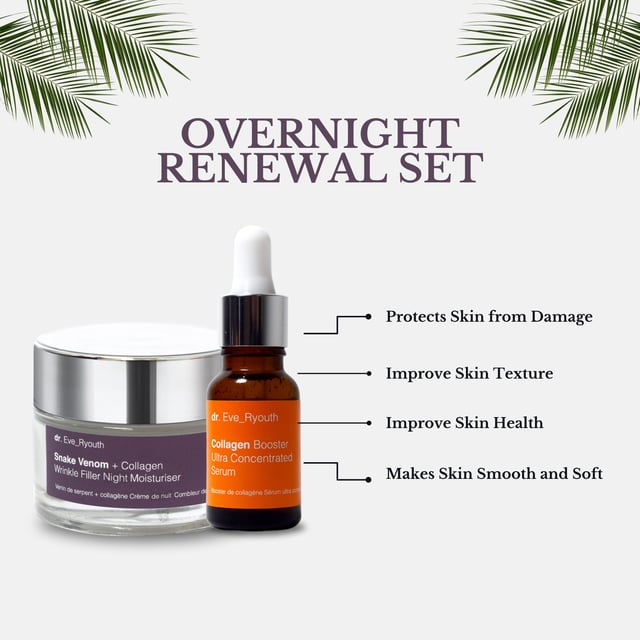 Snake Venom + Collagen Wrinkle Filler Night Moisturiser 50ml & Collagen Booster Ultra Concentrated Serum 15ml "Snake Venom + Collagen Wrinkle Filler Night Moisturiser 50ml
Formulated for:
Wrinkles and fine lines
Loss of plumpness
Dehydrated skin
Wrinkle Filler Night Moisturiser is specially formulated for skin with fine lines and wrinkles and that has lost it youthful plumpness. It contains a synthetic snake venom peptide that helps to reduce deep wrinkles and fine lines, this combined with collagen and shea butter it aims to give the skin a smoother look while you rest.
Facts:
+1 super wrinkle ingredient
+1 super moisturising ingredient
+2 super hydration boosting ingredients
+ More than 10 active ingredients in total
Key Ingredients
Snake Venom Peptide
Snake Venom Peptide is a synthetic peptide that replicates the effects of Waglerin 1, component that is found in the poisonous Temple Viper snake. It works by reducing muscular contractions in the face and reduces cell movement; thereby keeping the skin smooth and aiming to reduce wrinkles and fine lines.
Collagen
Collagen is naturally found in our skin and as we age the production of collagen slows down. As an skincare ingredient collagen aims to boost plumpness and the look of the skin by bringing moisture and hydration to the skin.
USAGE: Apply pea-sized amount of the cream on cleansed face, neckline and neck in the evening.Â
Ingredients: Aqua, Glycerin, Butyrospermum Parkii (Shea) Butter, Urea, Argania Spinosa Kernel Oil, Propylene Glycol, Cetearyl Alcohol, Glyceryl Stearate, Caprylic/Capric Triglyceride, Glyceryl Stearate Citrate, Cera Alba, Camellia Japonica Seed Oil, Dimethicone, Cyclopentasiloxane, Cyclohexasiloxane, Sodium Hyaluronate, Dipeptide Diaminobutyroyl Benzylamide Diacetate, Hydrolyzed Pearl, Sea Salt, Soluble Collagen, Isoamyl Cocoate, Triethanolamine, Acrylates/C10-30 Alkyl Acrylate Crosspolymer, Disodium EDTA, BHA, Phenoxyethanol, Ethylhexylglycerin, Parfum.
Collagen Booster Ultra Concentrated Serum 15ml
Formulated for:
Wrinkles and fine lines
Loss of firmness
Uneven skin tone
Collagen Ultra Concentrated Serum is specially formulated for fine lines and wrinkles and for skin that is losing its youthful plumpness. It contains a Hydrolyzed Soya Fibre that has been researched to improve the looks of fine lines and wrinkles.
Facts:
+1 super wrinkle ingredient
+1 super moisturising ingredient
+2 lightweight oils
Key Ingredients
Hydrolyzed Soya bean fibre
Hydrolyzed Soya bean fibre works to fight the signs of aging by boosting collagen I synthesis.
Konjac Root Extract
Konjac root extract aims to keep skin hydrate and smooth it contains approximately 40% glucomannan which when it comes into water .can expand up to 17 times in size.
Helichrysum StoechasÂ
Natural antioxidant that aims to protect the skin from free radical damage.
ROVITAMIN B5
Provitamin B5 aims to retain and preserve moisture. Provitamin B5 protects the skin’s barrier and helps the skin to retain its moisture levels and shield it from irritation. By applying a product with Provitamin B5, you will maximise your skin’s hydration while improving its softness and elasticity.
Ingredients: Aqua (Water), Propylene Glycol, Panthenol, PEG-40 Hydrogenated Castor Oil, Helichrysum Stoechas Extract, Hydrolyzed Soybean Fiber, 1,2-Hexanediol, Amorphophallus Konjac Root Extract, Caprylyl Glycol, Phenoxyethanol, Ethylhexylglycerin, Acrylates/C10-30 Alkyl Acrylate Crosspolymer, Sodium Hydroxide.
To use, apply a few drops of the serum onto clean, dry skin, concentrating on areas where loss of firmness and elasticity are most noticeable, such as the cheeks, jawline, and neck. Gently massage the serum into the skin using upward motions until it is fully absorbed. For best results, incorporate the serum into your morning and evening skincare routines, following up with a moisturizer to seal in the benefits. Regular use will help restore skin’s resilience and achieve a more lifted, youthful appearance.