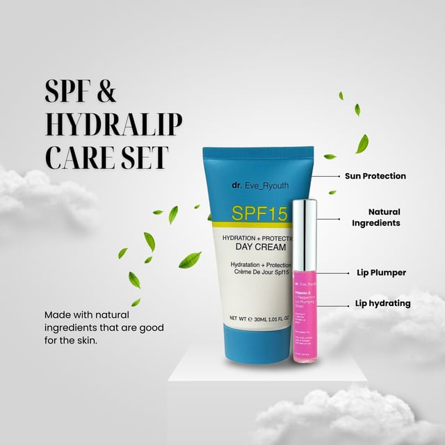 SPF15 Hydration + Protection day cream 30 ml +Vitamin E and Peppermint Lip Plumps 8ml "SPF15 Hydration + Protection day cream 30 ml: Infused with advanced SPF15 protection, this day cream acts as a reliable barrier against UVA and UVB rays, safeguarding your skin from potential sun damage. Its lightweight and non-greasy texture make it an ideal companion for daily use, allowing you to embrace the outdoors with confidence while maintaining a nourished, youthful glow.
Collagen Booster Ultra Concentrated Serum 15ml: Vitamin E and Peppermint Lip Plumps 8ml: Peppermint Lip Plumping Gloss contains lip nourishing and plumping ingredients that aim to make the lips look plumper, more voluminous and youthful looking.
"To use the SPF15 Hydration + Protection Day Cream (30 ml) along with the Vitamin E and Peppermint Lip Plumps (8 ml), start with a clean face. After cleansing, take a small amount of the SPF15 Hydration + Protection Day Cream and apply it evenly to your face and neck using gentle upward strokes. Make sure to cover all areas of your skin for hydration and sun protection.
Next, apply the Vitamin E and Peppermint Lip Plumps to your lips. Squeeze a small amount of the product onto your fingertip or directly onto your lips, then gently massage it in. The lip plump will not only hydrate your lips but also provide a refreshing tingling sensation thanks to the peppermint.
For best results, use this combination in the morning as part of your daily skincare routine. The day cream will keep your skin hydrated and protected from UV rays, while the lip plump will enhance your lips' fullness and hydration throughout the day."