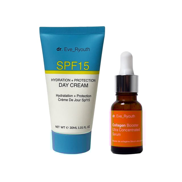 SPF15 Hydration + Protection day cream 30 ml +Collagen Booster Ultra Concentrated Serum 15ml "SPF15 Hydration + Protection day cream 30 ml: Infused with advanced SPF15 protection, this day cream acts as a reliable barrier against UVA and UVB rays, safeguarding your skin from potential sun damage. Its lightweight and non-greasy texture make it an ideal companion for daily use, allowing you to embrace the outdoors with confidence while maintaining a nourished, youthful glow.
Collagen Booster Ultra Concentrated Serum 15ml:
Collagen Ultra Concentrated Serum is specially formulated for fine lines and wrinkles and for skin that is losing its youthful plumpness. It contains a Hydrolyzed Soya Fibre that has been researched to improve the looks of fine lines and wrinkles.
"To use the SPF15 Hydration + Protection Day Cream (30 ml) with the Collagen Booster Ultra Concentrated Serum (15 ml), begin by cleansing your face to remove any impurities. After your skin is clean and dry, dispense a few drops of the Collagen Booster Ultra Concentrated Serum onto your fingertips. Gently apply the serum to your face, focusing on areas that may show signs of aging or require extra nourishment. Allow the serum to absorb into your skin for about a minute.
Next, take a small amount of the SPF15 Hydration + Protection Day Cream and apply it evenly over your face and neck. Use gentle upward strokes to massage the cream into your skin, ensuring that it is fully absorbed. This cream not only hydrates your skin but also provides essential protection against UV rays.
For optimal results, incorporate this routine into your morning skincare regimen, allowing the collagen booster to work on enhancing skin elasticity and firmness while the day cream keeps your skin hydrated and shielded from sun exposure."