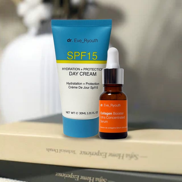 SPF15 Hydration + Protection day cream 30 ml +Collagen Booster Ultra Concentrated Serum 15ml "SPF15 Hydration + Protection day cream 30 ml: Infused with advanced SPF15 protection, this day cream acts as a reliable barrier against UVA and UVB rays, safeguarding your skin from potential sun damage. Its lightweight and non-greasy texture make it an ideal companion for daily use, allowing you to embrace the outdoors with confidence while maintaining a nourished, youthful glow.
Collagen Booster Ultra Concentrated Serum 15ml:
Collagen Ultra Concentrated Serum is specially formulated for fine lines and wrinkles and for skin that is losing its youthful plumpness. It contains a Hydrolyzed Soya Fibre that has been researched to improve the looks of fine lines and wrinkles.
"To use the SPF15 Hydration + Protection Day Cream (30 ml) with the Collagen Booster Ultra Concentrated Serum (15 ml), begin by cleansing your face to remove any impurities. After your skin is clean and dry, dispense a few drops of the Collagen Booster Ultra Concentrated Serum onto your fingertips. Gently apply the serum to your face, focusing on areas that may show signs of aging or require extra nourishment. Allow the serum to absorb into your skin for about a minute.
Next, take a small amount of the SPF15 Hydration + Protection Day Cream and apply it evenly over your face and neck. Use gentle upward strokes to massage the cream into your skin, ensuring that it is fully absorbed. This cream not only hydrates your skin but also provides essential protection against UV rays.
For optimal results, incorporate this routine into your morning skincare regimen, allowing the collagen booster to work on enhancing skin elasticity and firmness while the day cream keeps your skin hydrated and shielded from sun exposure."