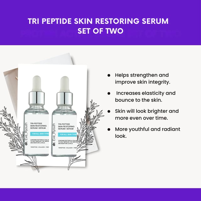 2 x Tri Peptide Skin Restoring Serum 30ml Unique blend of Peptides that helps strengthen and improve skin integrity. Collagen increases elasticity and bounce to the skin. The skin will look brighter and more even over time.
To use the Triple Power Peptide Gamma Protein Active Serum, apply a few drops to clean skin in the morning and evening. Gently massage the serum into your face and neck until fully absorbed. With two bottles, you can ensure complete coverage and maximize the benefits of the peptides for your skin. For best results, follow up with your preferred moisturiser after the serum has absorbed, helping to lock in hydration and support your skin's overall health and appearance.