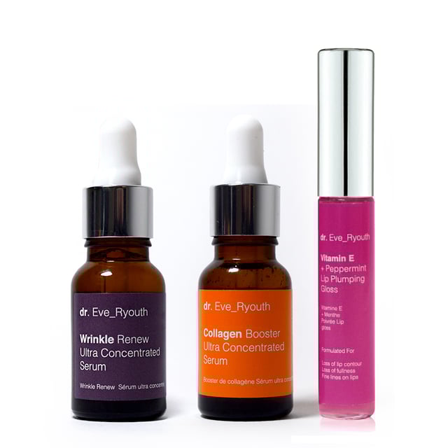 Collagen Booster Ultra Concentrated Serum 15ml + Wrinkle Renew Ultra Concentrated Serum 15ml + Vitamin E and Peppirment Lip Plumps 8ml "Wrinkle Renew Ultra Concentrated Serum 15ml
Formulated for:
Wrinkles and fine lines
Loss of firmness
Uneven skin tone
Wrinkle Renew Concentrated Serum is specially formulated for fine lines and wrinkles and for skin that is losing its youthful plumpness. It contains a peptide that has a similar structure as an epidermal growth factor that works to restore and renew the uppermost layer of the skin. The serum is lightweight and it is packed with Konjac root extract that is an excellent skin moisturiser.
Facts:
+1 super wrinkle ingredient
+1 super moisturising ingredient
+2 lightweight oils
Key Ingredients
SH-OLIGOPEPTIDE-1
SH-Oligopeptide-1 that has an identical chemical structure to an epidermal growth factor. Epidermal growth factor works to increase the rate of renewal of the skin smoothing the look of wrinkles and fine lines.
Konjac Root Extract
Konjac root extract aims to keep skin hydrate and smooth it contains approximately 40% glucomannan which when it comes into water .can expand up to 17 times in size.
Soyabean Oil
Soybean oil is high in antioxidants that aim to protect the skin from free radical. Soybean oil contains high concentrations of genistein, vitamin E, essential fatty acids, and lecithin.
Usage: Apply 2-3 drops to cleansed skin morning and night, continue with a moisturiser.
Ingredients: Aqua (Water), Propylene Glycol, PEG-40 Hydrogenated Castor Oil, Glycerin, Hydrogenated Lecithin, Amorphophallus Konjac Root Extract, Phenoxyethanol, SH-Oligopeptide- 1, Glycine Soja (Soyabean) Oil, Ethylhexylglycerin, Sodium Oleate, Disodium EDTA, Acrylates/C10-30 Alkyl Acrylate Crosspolymer, Sodium Hydroxide.
Collagen Booster Ultra Concentrated Serum 15ml
Formulated for:
Wrinkles and fine lines
Loss of firmness
Uneven skin tone
Collagen Ultra Concentrated Serum is specially formulated for fine lines and wrinkles and for skin that is losing its youthful plumpness. It contains a Hydrolyzed Soya Fibre that has been researched to improve the looks of fine lines and wrinkles.
Facts:
+1 super wrinkle ingredient
+1 super moisturising ingredient
+2 lightweight oils
Key Ingredients
Hydrolyzed Soya bean fibre
Hydrolyzed Soya bean fibre works to fight the signs of aging by boosting collagen I synthesis.
Konjac Root Extract
Konjac root extract aims to keep skin hydrate and smooth it contains approximately 40% glucomannan which when it comes into water .can expand up to 17 times in size.
Helichrysum StoechasÂ
Natural antioxidant that aims to protect the skin from free radical damage.
ROVITAMIN B5
Provitamin B5 aims to retain and preserve moisture. Provitamin B5 protects the skin’s barrier and helps the skin to retain its moisture levels and shield it from irritation. By applying a product with Provitamin B5, you will maximise your skin’s hydration while improving its softness and elasticity.
Ingredients: Aqua (Water), Propylene Glycol, Panthenol, PEG-40 Hydrogenated Castor Oil, Helichrysum Stoechas Extract, Hydrolyzed Soybean Fiber, 1,2-Hexanediol, Amorphophallus Konjac Root Extract, Caprylyl Glycol, Phenoxyethanol, Ethylhexylglycerin, Acrylates/C10-30 Alkyl Acrylate Crosspolymer, Sodium Hydroxide.
Vitamin E + Peppermint Lip Plumping Gloss 15ml
Vitamin E + Peppermint Lip Plumping Gloss contains lip nourishing and plumping ingredients that aim to make the lips look plumper, more voluminous and youthful looking.
Formulated For
Loss of lip contour
Loss of fullness
Fine lines on lips
Facts:
+1 plumping ingredient
+1 antioxidant ingredient
+ 1 shine ingredient
+ 1 nourishing ingredient
Key Ingredients
Vitamin E
Vitamin E is an antioxidant that nourishes the lips and protects from free radical damage.
PeppermintÂ
Peppermint oil aims to give the lips plumper youthful look
Usage: Apply to clean lips or top of matte lipstick for a voluminous plumper look.
Ingredients: Paraffinum Liquidum, Polybutene, Peppermint Oil, Hydroxystearic Acid, Tocopheryl Acetate, Propylparaben, Mica, CI77891, CI 75470.
"For the Collagen Booster Ultra Concentrated Serum, apply a few drops to clean skin, gently massaging it into the face and neck until fully absorbed. Use morning and evening for optimal results.
For the Wrinkle Renew Ultra Concentrated Serum, apply a few drops to clean skin after the Collagen Booster, massaging gently into the face and neck until absorbed. Use morning and evening for best results.
For the Vitamin E and Peppermint Lip Plumps, apply directly to the lips as needed throughout the day.