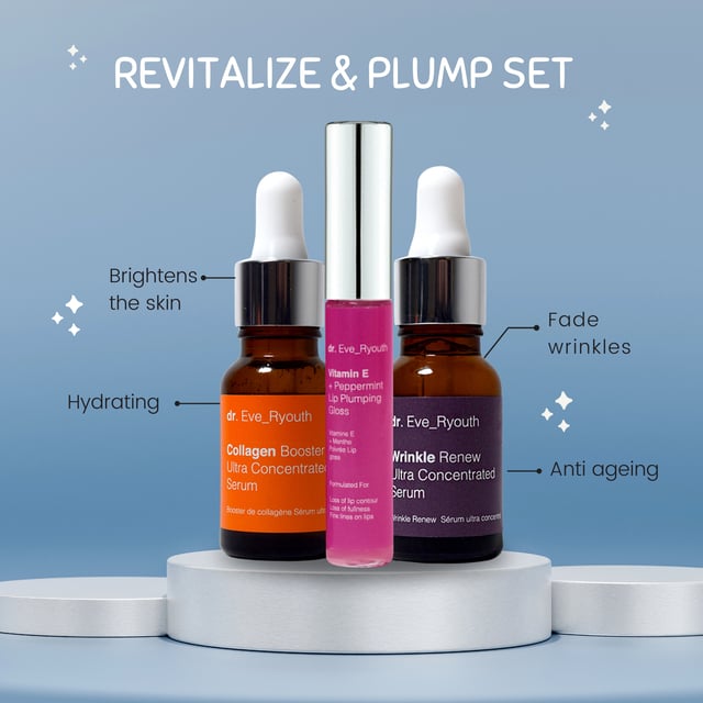Collagen Booster Ultra Concentrated Serum 15ml + Wrinkle Renew Ultra Concentrated Serum 15ml + Vitamin E and Peppirment Lip Plumps 8ml "Wrinkle Renew Ultra Concentrated Serum 15ml
Formulated for:
Wrinkles and fine lines
Loss of firmness
Uneven skin tone
Wrinkle Renew Concentrated Serum is specially formulated for fine lines and wrinkles and for skin that is losing its youthful plumpness. It contains a peptide that has a similar structure as an epidermal growth factor that works to restore and renew the uppermost layer of the skin. The serum is lightweight and it is packed with Konjac root extract that is an excellent skin moisturiser.
Facts:
+1 super wrinkle ingredient
+1 super moisturising ingredient
+2 lightweight oils
Key Ingredients
SH-OLIGOPEPTIDE-1
SH-Oligopeptide-1 that has an identical chemical structure to an epidermal growth factor. Epidermal growth factor works to increase the rate of renewal of the skin smoothing the look of wrinkles and fine lines.
Konjac Root Extract
Konjac root extract aims to keep skin hydrate and smooth it contains approximately 40% glucomannan which when it comes into water .can expand up to 17 times in size.
Soyabean Oil
Soybean oil is high in antioxidants that aim to protect the skin from free radical. Soybean oil contains high concentrations of genistein, vitamin E, essential fatty acids, and lecithin.
Usage: Apply 2-3 drops to cleansed skin morning and night, continue with a moisturiser.
Ingredients: Aqua (Water), Propylene Glycol, PEG-40 Hydrogenated Castor Oil, Glycerin, Hydrogenated Lecithin, Amorphophallus Konjac Root Extract, Phenoxyethanol, SH-Oligopeptide- 1, Glycine Soja (Soyabean) Oil, Ethylhexylglycerin, Sodium Oleate, Disodium EDTA, Acrylates/C10-30 Alkyl Acrylate Crosspolymer, Sodium Hydroxide.
Collagen Booster Ultra Concentrated Serum 15ml
Formulated for:
Wrinkles and fine lines
Loss of firmness
Uneven skin tone
Collagen Ultra Concentrated Serum is specially formulated for fine lines and wrinkles and for skin that is losing its youthful plumpness. It contains a Hydrolyzed Soya Fibre that has been researched to improve the looks of fine lines and wrinkles.
Facts:
+1 super wrinkle ingredient
+1 super moisturising ingredient
+2 lightweight oils
Key Ingredients
Hydrolyzed Soya bean fibre
Hydrolyzed Soya bean fibre works to fight the signs of aging by boosting collagen I synthesis.
Konjac Root Extract
Konjac root extract aims to keep skin hydrate and smooth it contains approximately 40% glucomannan which when it comes into water .can expand up to 17 times in size.
Helichrysum StoechasÂ
Natural antioxidant that aims to protect the skin from free radical damage.
ROVITAMIN B5
Provitamin B5 aims to retain and preserve moisture. Provitamin B5 protects the skin’s barrier and helps the skin to retain its moisture levels and shield it from irritation. By applying a product with Provitamin B5, you will maximise your skin’s hydration while improving its softness and elasticity.
Ingredients: Aqua (Water), Propylene Glycol, Panthenol, PEG-40 Hydrogenated Castor Oil, Helichrysum Stoechas Extract, Hydrolyzed Soybean Fiber, 1,2-Hexanediol, Amorphophallus Konjac Root Extract, Caprylyl Glycol, Phenoxyethanol, Ethylhexylglycerin, Acrylates/C10-30 Alkyl Acrylate Crosspolymer, Sodium Hydroxide.
Vitamin E + Peppermint Lip Plumping Gloss 15ml
Vitamin E + Peppermint Lip Plumping Gloss contains lip nourishing and plumping ingredients that aim to make the lips look plumper, more voluminous and youthful looking.
Formulated For
Loss of lip contour
Loss of fullness
Fine lines on lips
Facts:
+1 plumping ingredient
+1 antioxidant ingredient
+ 1 shine ingredient
+ 1 nourishing ingredient
Key Ingredients
Vitamin E
Vitamin E is an antioxidant that nourishes the lips and protects from free radical damage.
PeppermintÂ
Peppermint oil aims to give the lips plumper youthful look
Usage: Apply to clean lips or top of matte lipstick for a voluminous plumper look.
Ingredients: Paraffinum Liquidum, Polybutene, Peppermint Oil, Hydroxystearic Acid, Tocopheryl Acetate, Propylparaben, Mica, CI77891, CI 75470.
"For the Collagen Booster Ultra Concentrated Serum, apply a few drops to clean skin, gently massaging it into the face and neck until fully absorbed. Use morning and evening for optimal results.
For the Wrinkle Renew Ultra Concentrated Serum, apply a few drops to clean skin after the Collagen Booster, massaging gently into the face and neck until absorbed. Use morning and evening for best results.
For the Vitamin E and Peppermint Lip Plumps, apply directly to the lips as needed throughout the day.