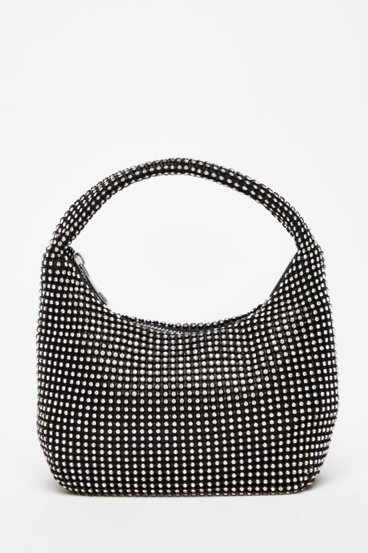 - Diamante embellished - Pouch style - Top handle - Zip top closure - Rhinestone - Metals