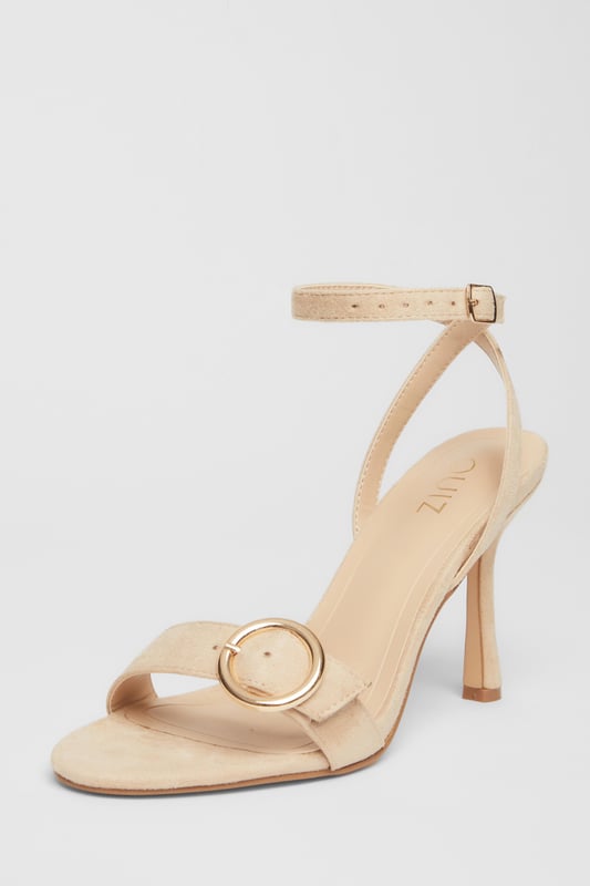 Nude Buckle Front Heels - Faux leather finish - Flared heel - Buckle detail - Open toe - Ankle strap - Heel height: 9 cm / 3.5 inches approx