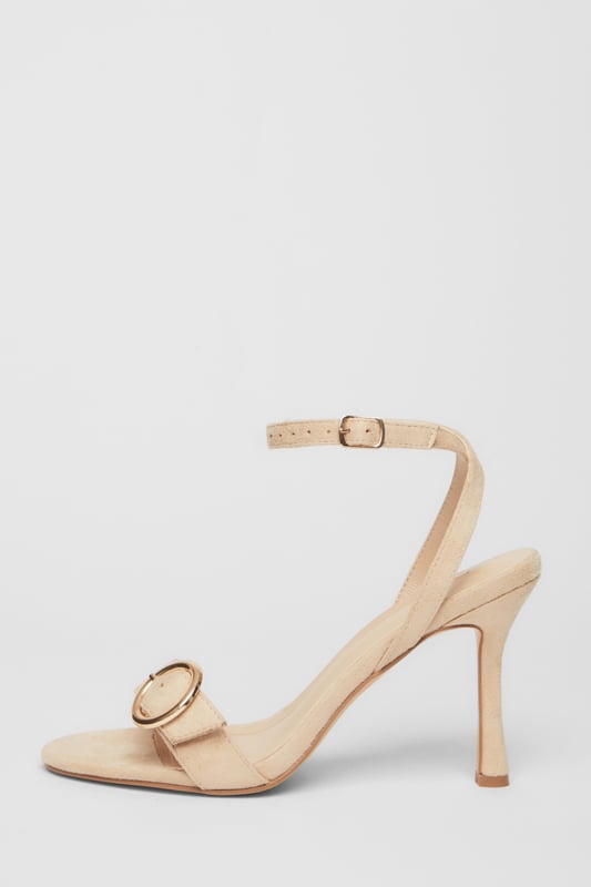Nude Buckle Front Heels - Faux leather finish - Flared heel - Buckle detail - Open toe - Ankle strap - Heel height: 9 cm / 3.5 inches approx