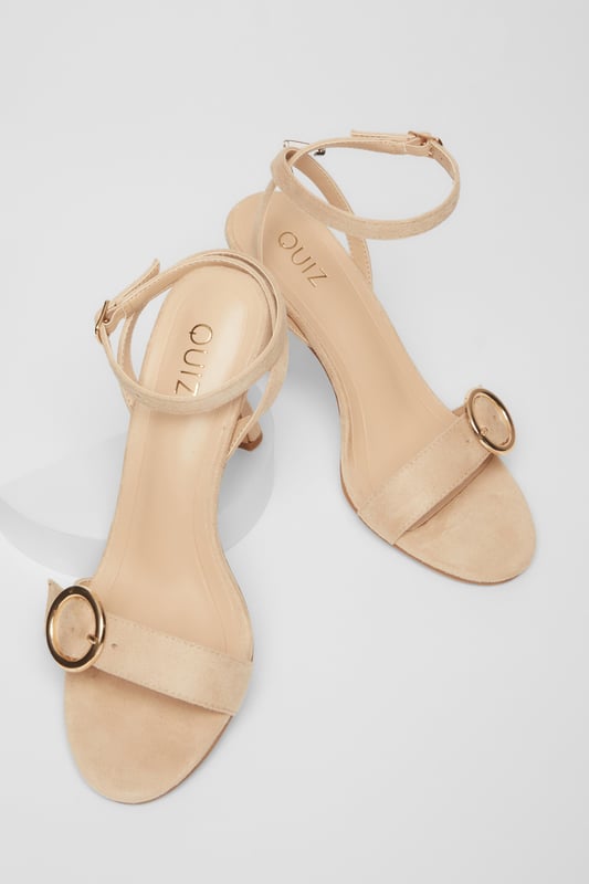 Nude Buckle Front Heels - Faux leather finish - Flared heel - Buckle detail - Open toe - Ankle strap - Heel height: 9 cm / 3.5 inches approx