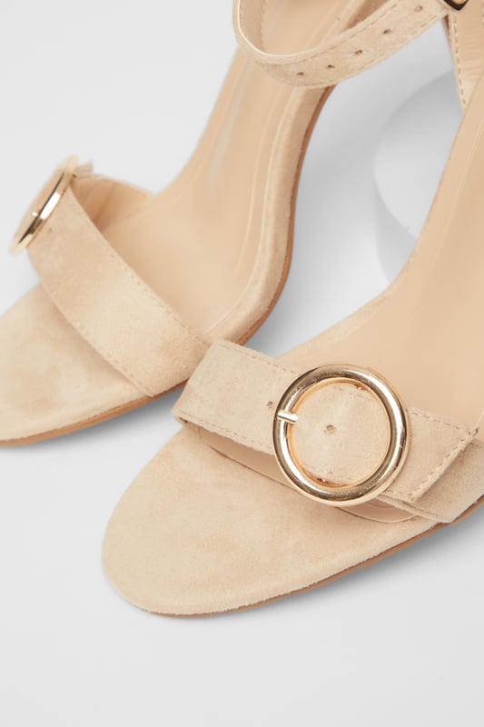 Nude Buckle Front Heels - Faux leather finish - Flared heel - Buckle detail - Open toe - Ankle strap - Heel height: 9 cm / 3.5 inches approx