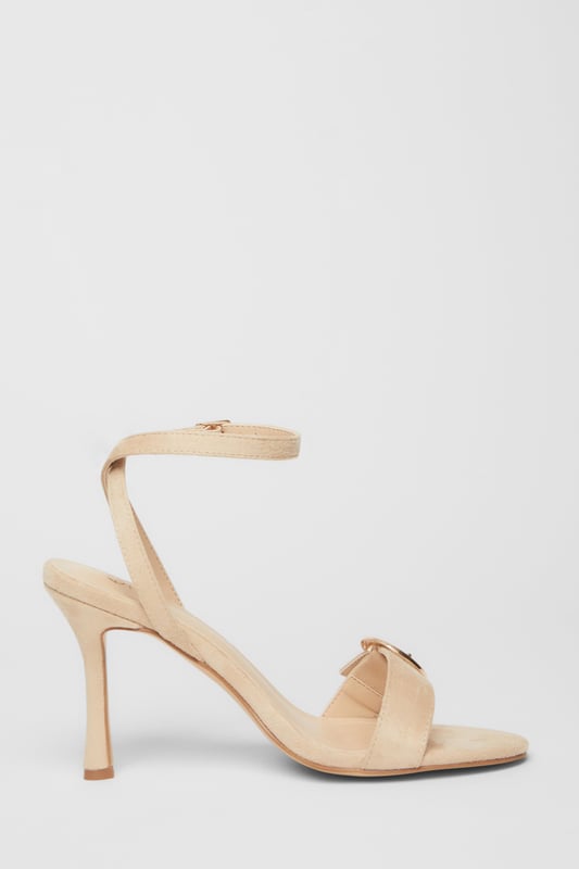 Nude Buckle Front Heels - Faux leather finish - Flared heel - Buckle detail - Open toe - Ankle strap - Heel height: 9 cm / 3.5 inches approx