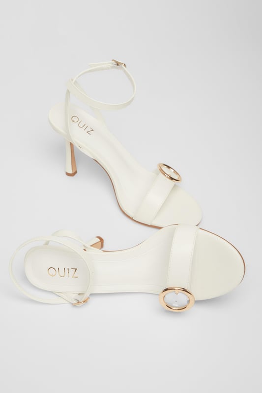 White Buckle Front Heels - Faux leather finish - Flared heel - Buckle detail - Open toe - Ankle strap - Heel height: 9.5 cm/ 3.75 inches