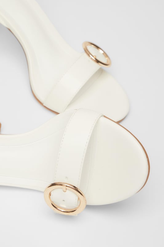 White Buckle Front Heels - Faux leather finish - Flared heel - Buckle detail - Open toe - Ankle strap - Heel height: 9.5 cm/ 3.75 inches