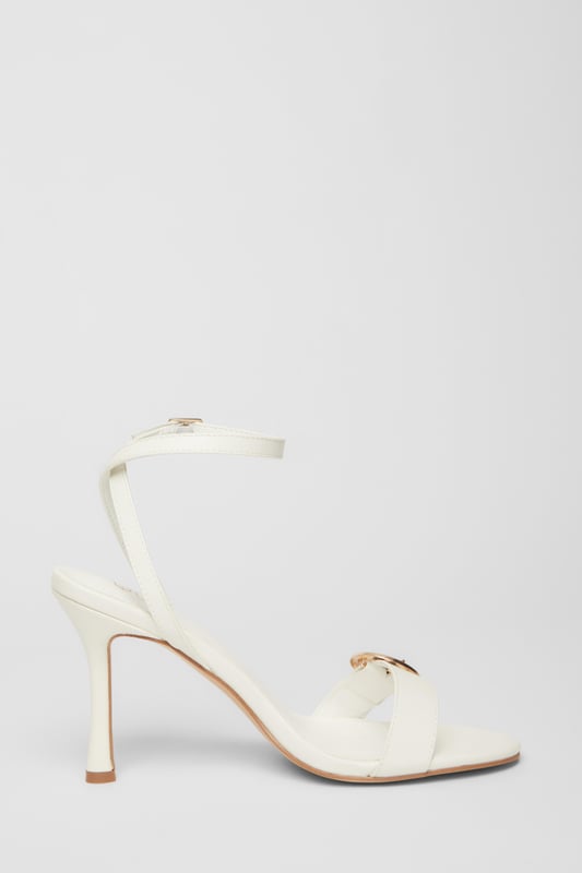 White Buckle Front Heels - Faux leather finish - Flared heel - Buckle detail - Open toe - Ankle strap - Heel height: 9.5 cm/ 3.75 inches