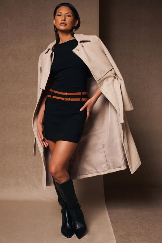 - Boat neck - Double belt detail - Bodycon fit - Mini length - Model height: 5'9" - Model wears uk 8 / us 4 / eur 36 - Always check the wash care label - Cool hand wash with mild detergent
