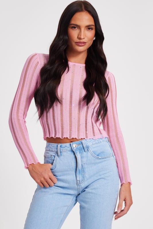 - Knitted finish - Round neckline - Diamante detail - Long sleeves - Model height: 5'6" - Model wears uk 8 / us 4 / eur 36 - Always check the wash care label - Cool hand wash with mild detergent