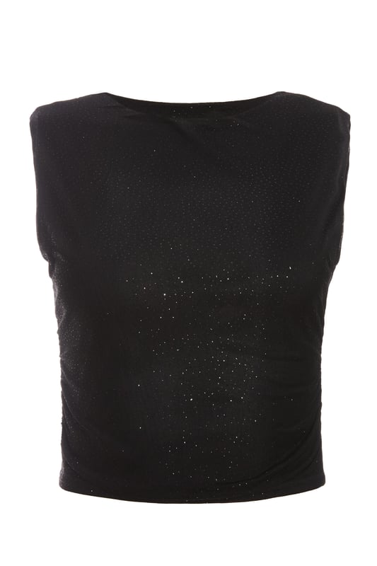 - Glitter mesh finish - Round neckline - Cropped - Sleeveless - Model height: 5'8" - Model wears uk 8 / us 4 / eur 36 - Always check the care wash label - Cool hand wash with mild detergent