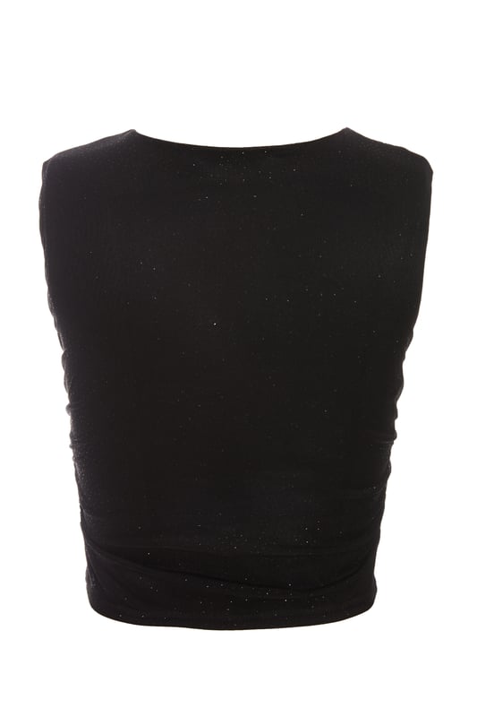 - Glitter mesh finish - Round neckline - Cropped - Sleeveless - Model height: 5'8" - Model wears uk 8 / us 4 / eur 36 - Always check the care wash label - Cool hand wash with mild detergent