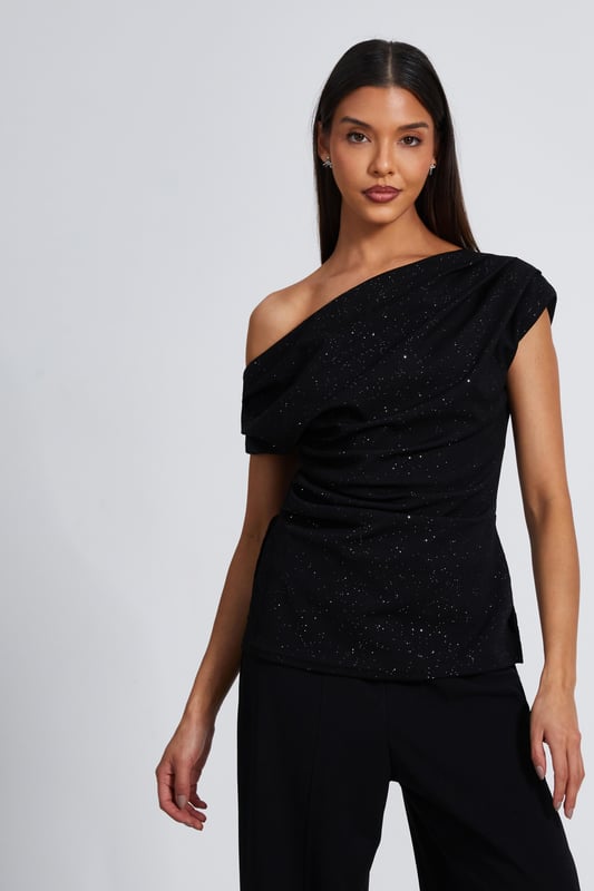 - Glitter jersey finish - Asymmetrical neckline - Cap sleeves - Draped look - Longline fit - Model height: 5' 9" - Model wears uk 8 / us 4 / eur 36 - Always check the care wash label - Cool hand wash with mild detergent