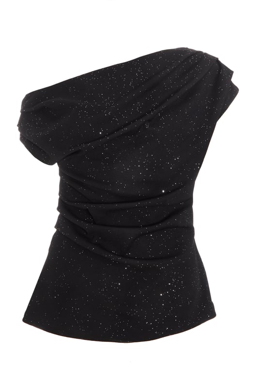 - Glitter jersey finish - Asymmetrical neckline - Cap sleeves - Draped look - Longline fit - Model height: 5' 9" - Model wears uk 8 / us 4 / eur 36 - Always check the care wash label - Cool hand wash with mild detergent