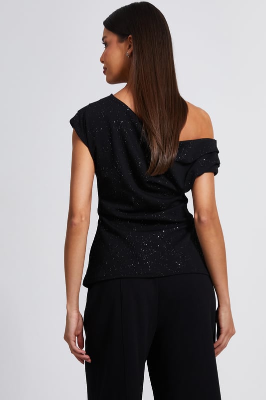 - Glitter jersey finish - Asymmetrical neckline - Cap sleeves - Draped look - Longline fit - Model height: 5' 9" - Model wears uk 8 / us 4 / eur 36 - Always check the care wash label - Cool hand wash with mild detergent