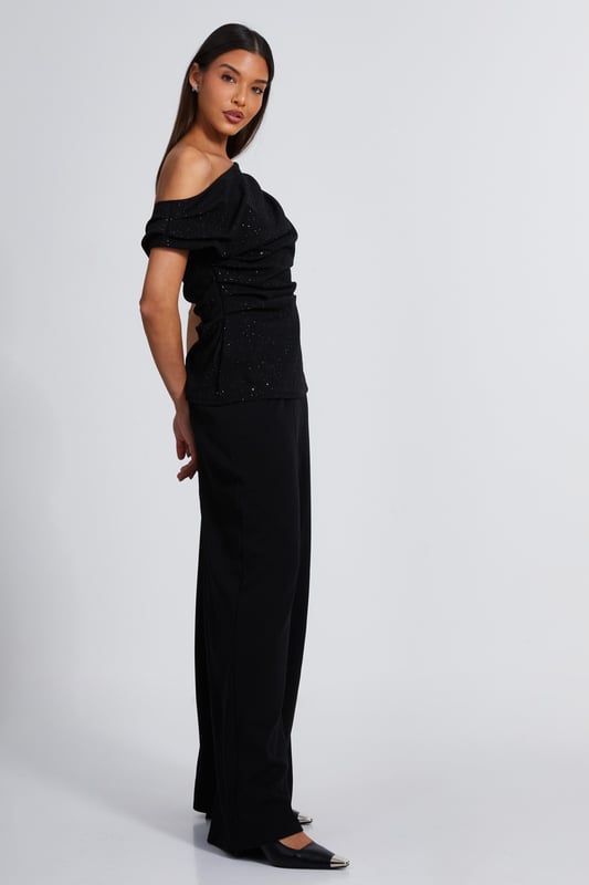 - Glitter jersey finish - Asymmetrical neckline - Cap sleeves - Draped look - Longline fit - Model height: 5' 9" - Model wears uk 8 / us 4 / eur 36 - Always check the care wash label - Cool hand wash with mild detergent
