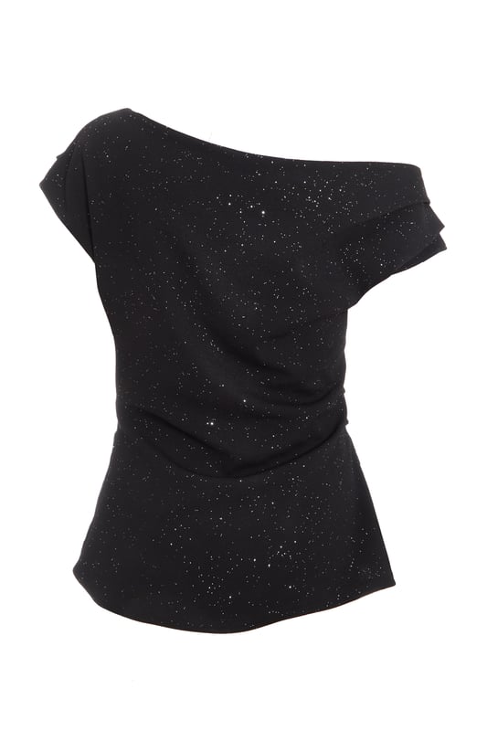 - Glitter jersey finish - Asymmetrical neckline - Cap sleeves - Draped look - Longline fit - Model height: 5' 9" - Model wears uk 8 / us 4 / eur 36 - Always check the care wash label - Cool hand wash with mild detergent