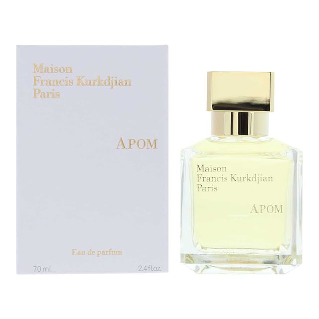 APOM by Maison Francis Kurkdjian is an Oriental Fougere fragrance for women and men. Launched in 2024, this fragrance is ideal for the warmer seasons and best suited for day wear. Encased in a classic sleek bottle, it embodies effortless sophistication and freshness.
The fragrance unfolds with the radiant floral embrace of orange blossom and ylang-ylang, creating a luminous and sensual opening. The soft elegance of lavender adds a refined herbal touch, enhancing the scent’s depth. As it settles, the warm and inviting notes of amber, vanilla, and white musk create a smooth and lingering finish, wrapping the wearer in a comforting yet elegant aura.
Ideal for those who appreciate fresh yet warm fragrances, APOM offers a refined balance of floral, musky, and oriental tones, making it a graceful everyday scent.
Fragrance Notes: Orange Blossom, White Musk, Ylang-Ylang, Amber, Lavender, Vanilla.

How to Apply:
Apply it to your body's warmest points, such as the crease of your elbows and wrists, to intensify the longevity of the fragrance.
Avoid rubbing after application, as this will reduce the longevity of the fragrance.
For wrist application, apply the fragrance after hand washing.