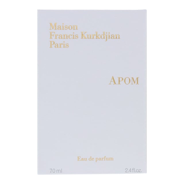 APOM by Maison Francis Kurkdjian is an Oriental Fougere fragrance for women and men. Launched in 2024, this fragrance is ideal for the warmer seasons and best suited for day wear. Encased in a classic sleek bottle, it embodies effortless sophistication and freshness.
The fragrance unfolds with the radiant floral embrace of orange blossom and ylang-ylang, creating a luminous and sensual opening. The soft elegance of lavender adds a refined herbal touch, enhancing the scent’s depth. As it settles, the warm and inviting notes of amber, vanilla, and white musk create a smooth and lingering finish, wrapping the wearer in a comforting yet elegant aura.
Ideal for those who appreciate fresh yet warm fragrances, APOM offers a refined balance of floral, musky, and oriental tones, making it a graceful everyday scent.
Fragrance Notes: Orange Blossom, White Musk, Ylang-Ylang, Amber, Lavender, Vanilla.

How to Apply:
Apply it to your body's warmest points, such as the crease of your elbows and wrists, to intensify the longevity of the fragrance.
Avoid rubbing after application, as this will reduce the longevity of the fragrance.
For wrist application, apply the fragrance after hand washing.