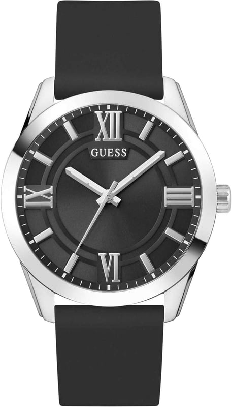 This Guess Elliot Analogue Watch for Men is the perfect timepiece to wear or to gift. It's Silver 44 mm Round case combined with the comfortable Black Silicone watch band will ensure you enjoy this stunning timepiece without any compromise. Operated by a high quality Quartz movement and water resistant to 5 bars, your watch will keep ticking. Sure to be a staple in his watch wardrobe, this new dress style features dynamic detailing on the dial paired with roman numeral indices and a smooth silicone strap. High quality 21 cm length and 21 mm width Black Silicone strap with a Buckle Case diameter: 44 mm,case thickness: 10 mm, case colour: Silver and dial colour: Black