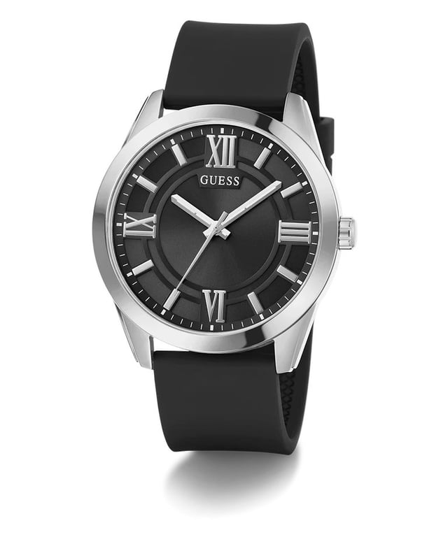 This Guess Elliot Analogue Watch for Men is the perfect timepiece to wear or to gift. It's Silver 44 mm Round case combined with the comfortable Black Silicone watch band will ensure you enjoy this stunning timepiece without any compromise. Operated by a high quality Quartz movement and water resistant to 5 bars, your watch will keep ticking. Sure to be a staple in his watch wardrobe, this new dress style features dynamic detailing on the dial paired with roman numeral indices and a smooth silicone strap. High quality 21 cm length and 21 mm width Black Silicone strap with a Buckle Case diameter: 44 mm,case thickness: 10 mm, case colour: Silver and dial colour: Black