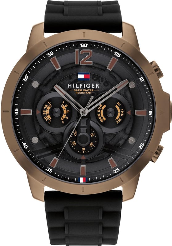 This Tommy Hilfiger Luca Multi Dial Watch for Men is the perfect timepiece to wear or to gift. It's Bronze 50 mm Round case combined with the comfortable Black Rose gold watch band will ensure you enjoy this stunning timepiece without any compromise. Operated by a high quality Quartz movement and water resistant to 5 bars, your watch will keep ticking.