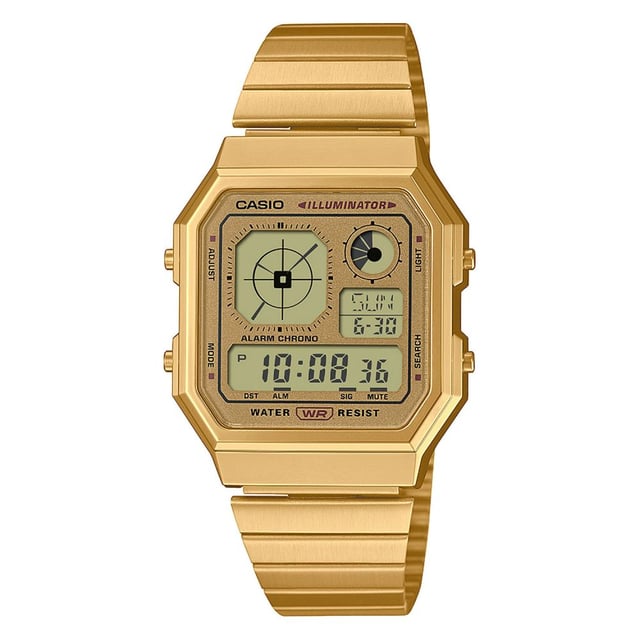 This Casio Casio Collection Vintage Digital Watch for Unisex is the perfect timepiece to wear or to gift. It's Gold  Rectangular case combined with the comfortable Gold Stainless steel watch band will ensure you enjoy this stunning timepiece without any compromise. Operated by a high quality Quartz movement and water resistant to 3 bars, your watch will keep ticking. A digital watch featuring an analog-style clock display all wrapped up in the gadgety look you love.   A retro-futuristic face is combined with stylish metallic colors and effective accent colors, showcasing a passion for gadgets. This Digital watch has a Calendar function: Day-Date as well as Stop Watch , Countdown , Worldtime , Alarm and Light High quality 20 cm length and 20 mm width Gold Stainless steel strap with a Folding Clasp Case measurement: 35 X 40 mm,case thickness: 9 mm, case colour: Gold and dial colour: Gold