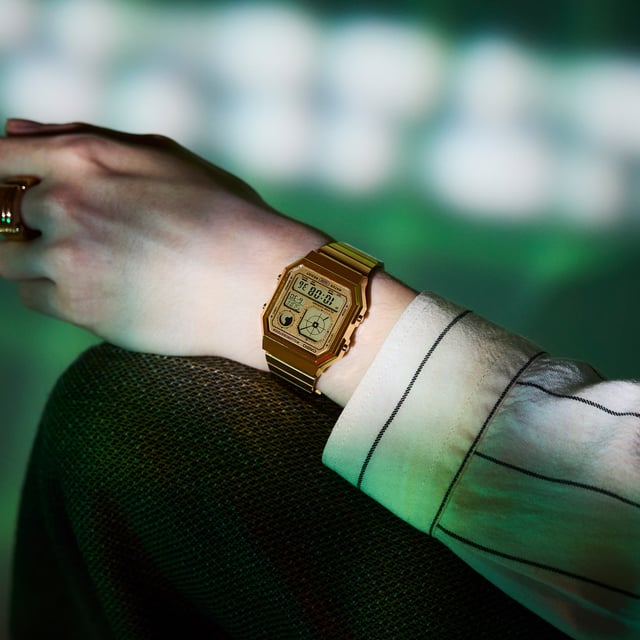 This Casio Casio Collection Vintage Digital Watch for Unisex is the perfect timepiece to wear or to gift. It's Gold  Rectangular case combined with the comfortable Gold Stainless steel watch band will ensure you enjoy this stunning timepiece without any compromise. Operated by a high quality Quartz movement and water resistant to 3 bars, your watch will keep ticking. A digital watch featuring an analog-style clock display all wrapped up in the gadgety look you love.   A retro-futuristic face is combined with stylish metallic colors and effective accent colors, showcasing a passion for gadgets. This Digital watch has a Calendar function: Day-Date as well as Stop Watch , Countdown , Worldtime , Alarm and Light High quality 20 cm length and 20 mm width Gold Stainless steel strap with a Folding Clasp Case measurement: 35 X 40 mm,case thickness: 9 mm, case colour: Gold and dial colour: Gold