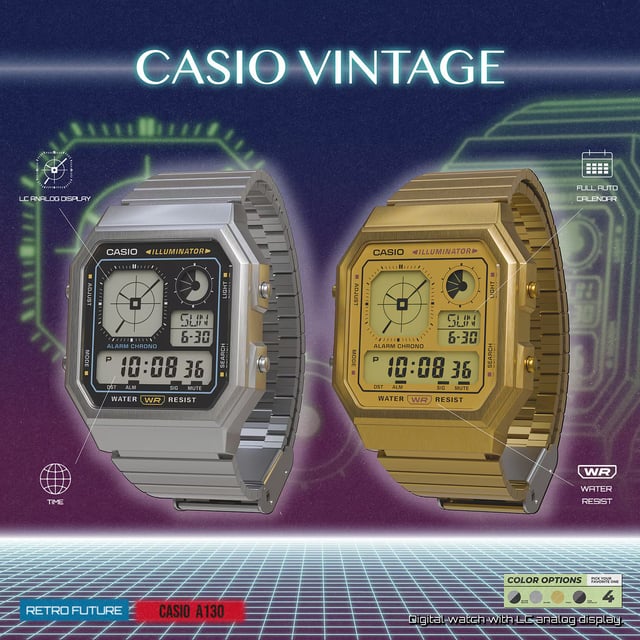 This Casio Casio Collection Vintage Digital Watch for Unisex is the perfect timepiece to wear or to gift. It's Gold  Rectangular case combined with the comfortable Gold Stainless steel watch band will ensure you enjoy this stunning timepiece without any compromise. Operated by a high quality Quartz movement and water resistant to 3 bars, your watch will keep ticking. A digital watch featuring an analog-style clock display all wrapped up in the gadgety look you love.   A retro-futuristic face is combined with stylish metallic colors and effective accent colors, showcasing a passion for gadgets. This Digital watch has a Calendar function: Day-Date as well as Stop Watch , Countdown , Worldtime , Alarm and Light High quality 20 cm length and 20 mm width Gold Stainless steel strap with a Folding Clasp Case measurement: 35 X 40 mm,case thickness: 9 mm, case colour: Gold and dial colour: Gold