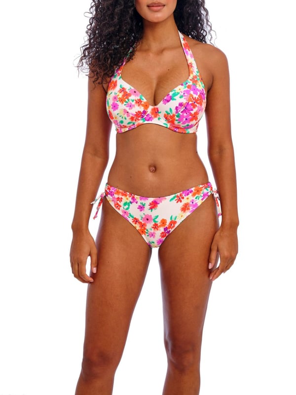 Freya Summer Soul Halterneck Bikini Top. In a floral print with a plunge neckline, fixed halter tie straps and powernet lined underwired cups for shaping and support. This product is recommended as hand wash only.