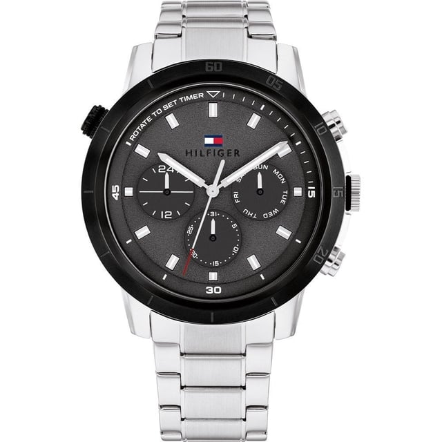 This Tommy Hilfiger Troy Multi Dial Watch for Men is the perfect timepiece to wear or to gift. It's Silver 46 mm Round case combined with the comfortable Silver Stainless steel watch band will ensure you enjoy this stunning timepiece without any compromise. Operated by a high quality Quartz movement and water resistant to 5 bars, your watch will keep ticking.