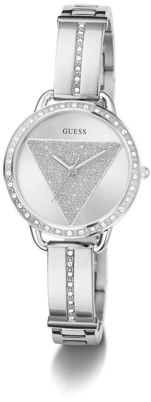 This Guess Tri Bellini Analogue Watch for Women is the perfect timepiece to wear or to gift. It's Silver 30 mm Round case combined with the comfortable Silver Stainless steel watch band will ensure you enjoy this stunning timepiece without any compromise. Operated by a high quality Quartz movement and water resistant to 3 bars, your watch will keep ticking. This fashionable and classic watch matches any outfit at any occasion,it adds style to your life . High quality 19 cm length and 12 mm width Silver Stainless steel strap with a Magnetic Clasp Case diameter: 30 mm,case thickness: 9 mm, case colour: Silver and dial colour: Silver