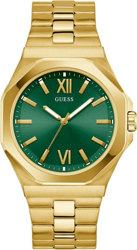 This Guess Emperor Analogue Watch for Men is the perfect timepiece to wear or to gift. It's Gold 42 mm Round case combined with the comfortable Gold Stainless steel watch band will ensure you enjoy this stunning timepiece without any compromise. Operated by a high quality Quartz movement and water resistant to 5 bars, your watch will keep ticking. A classic dress look that is sure to elevate his watch wardrobe, this style features an octagonal case shape paired with a brushed and polished bracelet. High quality 21 cm length and 25 mm width Gold Stainless steel strap with a Fold over with push button clasp Case diameter: 42 mm,case thickness: 10 mm, case colour: Gold and dial colour: Green