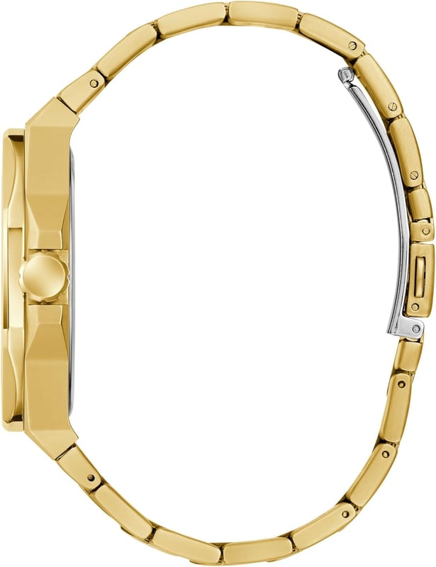 This Guess Emperor Analogue Watch for Men is the perfect timepiece to wear or to gift. It's Gold 42 mm Round case combined with the comfortable Gold Stainless steel watch band will ensure you enjoy this stunning timepiece without any compromise. Operated by a high quality Quartz movement and water resistant to 5 bars, your watch will keep ticking. A classic dress look that is sure to elevate his watch wardrobe, this style features an octagonal case shape paired with a brushed and polished bracelet. High quality 21 cm length and 25 mm width Gold Stainless steel strap with a Fold over with push button clasp Case diameter: 42 mm,case thickness: 10 mm, case colour: Gold and dial colour: Green