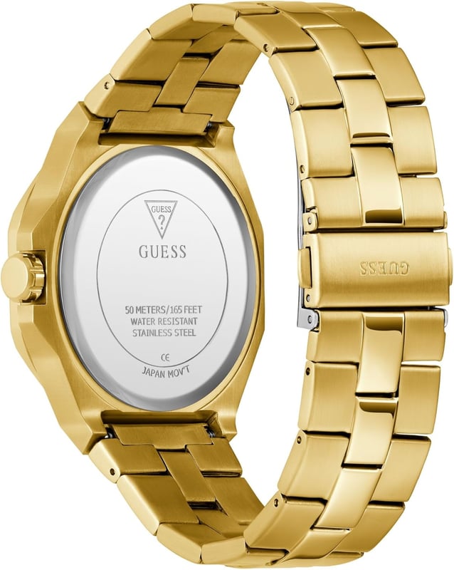 This Guess Emperor Analogue Watch for Men is the perfect timepiece to wear or to gift. It's Gold 42 mm Round case combined with the comfortable Gold Stainless steel watch band will ensure you enjoy this stunning timepiece without any compromise. Operated by a high quality Quartz movement and water resistant to 5 bars, your watch will keep ticking. A classic dress look that is sure to elevate his watch wardrobe, this style features an octagonal case shape paired with a brushed and polished bracelet. High quality 21 cm length and 25 mm width Gold Stainless steel strap with a Fold over with push button clasp Case diameter: 42 mm,case thickness: 10 mm, case colour: Gold and dial colour: Green