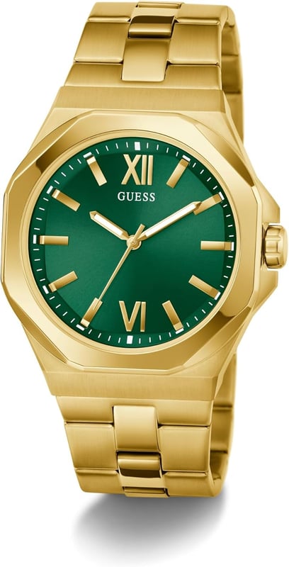 This Guess Emperor Analogue Watch for Men is the perfect timepiece to wear or to gift. It's Gold 42 mm Round case combined with the comfortable Gold Stainless steel watch band will ensure you enjoy this stunning timepiece without any compromise. Operated by a high quality Quartz movement and water resistant to 5 bars, your watch will keep ticking. A classic dress look that is sure to elevate his watch wardrobe, this style features an octagonal case shape paired with a brushed and polished bracelet. High quality 21 cm length and 25 mm width Gold Stainless steel strap with a Fold over with push button clasp Case diameter: 42 mm,case thickness: 10 mm, case colour: Gold and dial colour: Green