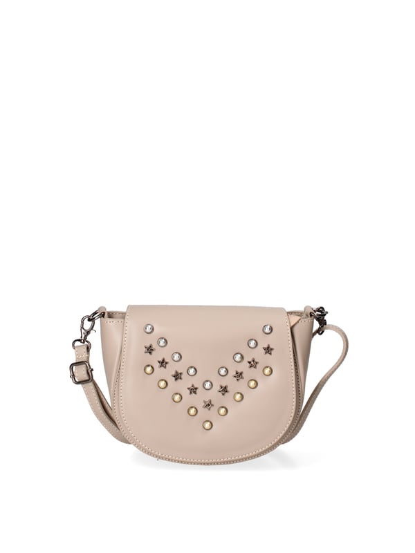 Bolso bandolera para mujer. El cierre es con botón magnético. Los bolsillos internos son uno con cremallera. Los bolsillos externos están ausentes. La bandolera es ajustable y extraíble en piel. Falta el mango. Hay un compartimento interno. El material exterior es piel auténtica arrugada. Internamente está forrado en tejido 70% algodón - 30% poliéster. Medidas: 20x17x7 cm. Hecho en Italia