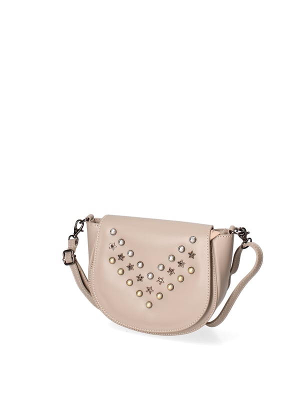 Bolso bandolera para mujer. El cierre es con botón magnético. Los bolsillos internos son uno con cremallera. Los bolsillos externos están ausentes. La bandolera es ajustable y extraíble en piel. Falta el mango. Hay un compartimento interno. El material exterior es piel auténtica arrugada. Internamente está forrado en tejido 70% algodón - 30% poliéster. Medidas: 20x17x7 cm. Hecho en Italia