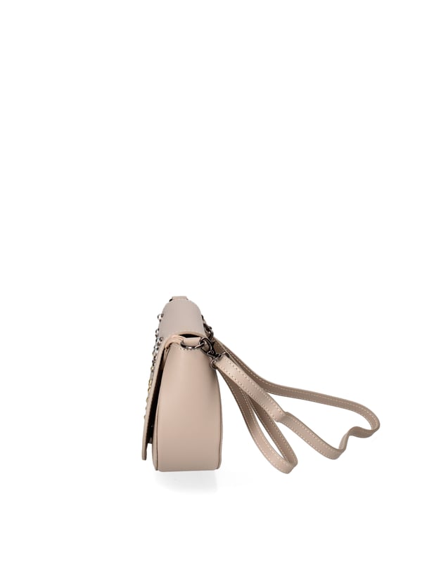 Bolso bandolera para mujer. El cierre es con botón magnético. Los bolsillos internos son uno con cremallera. Los bolsillos externos están ausentes. La bandolera es ajustable y extraíble en piel. Falta el mango. Hay un compartimento interno. El material exterior es piel auténtica arrugada. Internamente está forrado en tejido 70% algodón - 30% poliéster. Medidas: 20x17x7 cm. Hecho en Italia