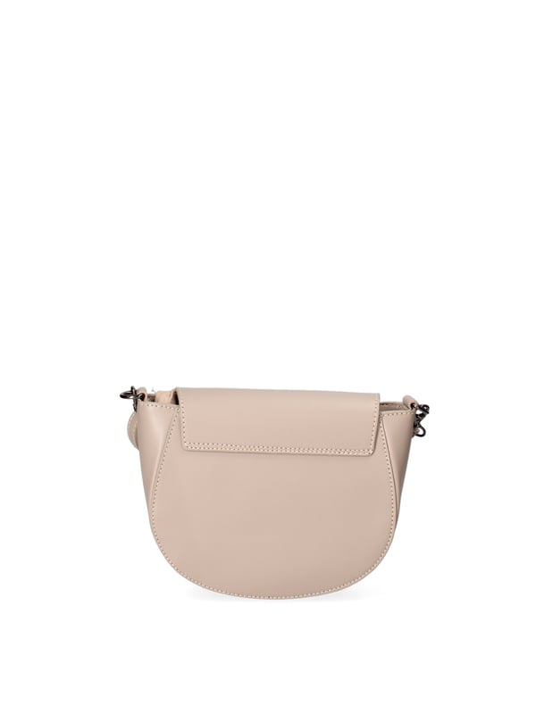 Bolso bandolera para mujer. El cierre es con botón magnético. Los bolsillos internos son uno con cremallera. Los bolsillos externos están ausentes. La bandolera es ajustable y extraíble en piel. Falta el mango. Hay un compartimento interno. El material exterior es piel auténtica arrugada. Internamente está forrado en tejido 70% algodón - 30% poliéster. Medidas: 20x17x7 cm. Hecho en Italia
