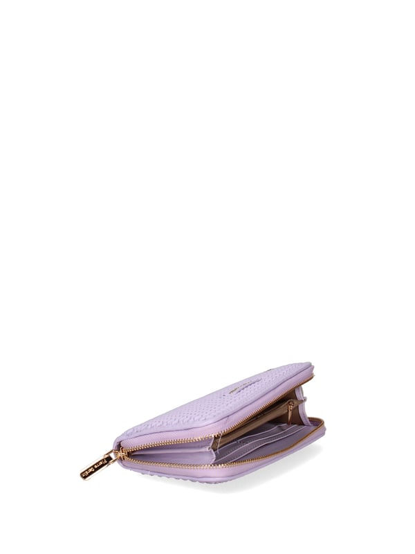 Cartera de mujer. El cierre es con cremallera. Los bolsillos internos son tarjeteros para billetes y monedas. Los bolsillos externos están ausentes. Falta la correa para el hombro. Falta el mango. Hay un compartimento interno. El material externo es 100%PU. Internamente es 100% Poliéster. Medidas: 19x10x3 cm. Producto de moda
