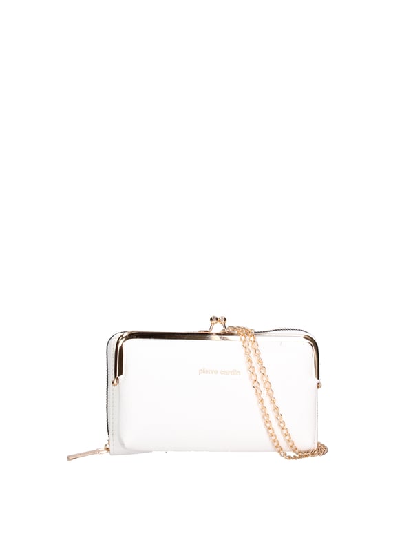 Cartera de mujer. El cierre es con cremallera. Los bolsillos internos tienen cremallera y tarjetero. Los bolsillos externos están ausentes. La bandolera es extraíble en cadena. Falta el mango. Hay dos compartimentos internos. El material externo es 100%PU. Internamente es 100% Poliéster. Medidas: 19x11x4 cm. Producto de moda